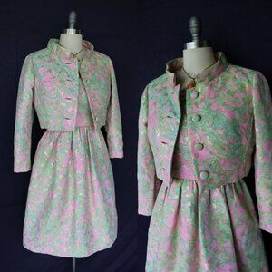 Vintage 1960's Oscar de la Renta Jane Derby pink brocade Dress set jacket suit
